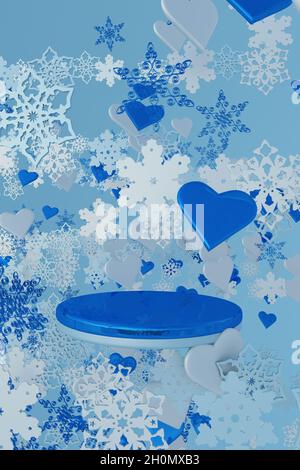 Abstrakt klassisch blau Farbtrend 2022 Konzept mit geometrischen Formen. 3D-Podium mit Weihnachts-Schneeflocken und Eisherzen. Kreatives Wintermodell Stockfoto