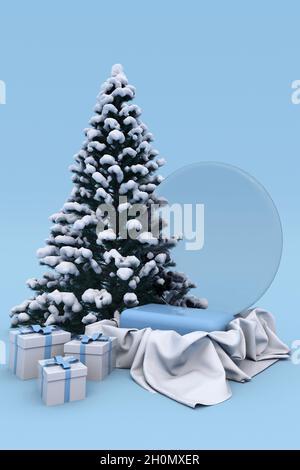 3D Weihnachten Neujahr Urlaub blau Podium Sockel für Produkthintergrund mit schneebedeckten Weihnachtsbaum, Kugeln, Geschenkbox. Winterkonzept für Vertic Stockfoto