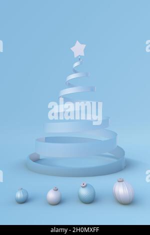 3D-Komposition für Weihnachten im Winter. Weihnachtsstudio. Minimalistischer abstrakter festlicher Neujahrshintergrund mit weißem und blauem Weihnachtsbaum und Kugeln. Urlaubsgewitter Stockfoto