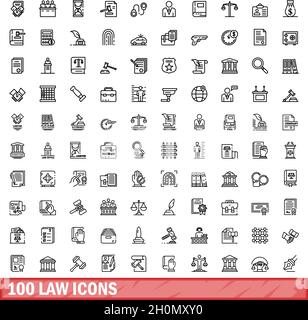 100 Symbole für Gesetze festgelegt. Skizzieren Sie die Darstellung von 100 Gesetzensymbolen, die auf weißem Hintergrund isoliert sind Stock Vektor