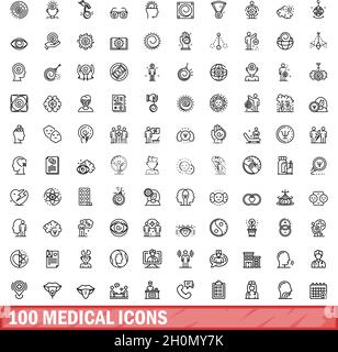 100 medizinische Symbole eingestellt. Skizzieren Sie die Darstellung von 100 medizinischen Symbolen, Vektorset isoliert auf weißem Hintergrund Stock Vektor