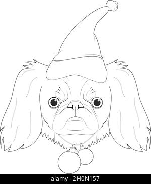 Weihnachten Grußkarte zum Ausmalen. Pekingese Hund mit Weihnachtsmann Hut und Weihnachten Spielzeug Kugeln Stock Vektor