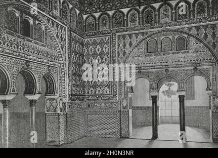 Spanien, Andalusien, Sevilla. Der Royal Alcazar. Botschafterhalle. Mudejar-Stil. Gravur von Severini. La Ilustracion Española y Americana, 1881. Stockfoto