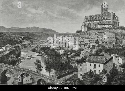 Spanien, Katalonien, Provinz Barcelona, Manresa. Blick auf die Stadt von der 'Pont Vell' (Alte Brücke), über den Cardener Fluss. Im Hintergrund die Stockfoto