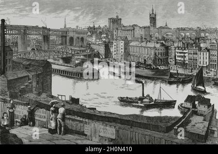 Großbritannien, England, Newcastle. Blick auf die Stadt am Ufer des Flusses Tyne. Wichtiges Handels- und Produktionszentrum. Gravur von Tomas Stockfoto