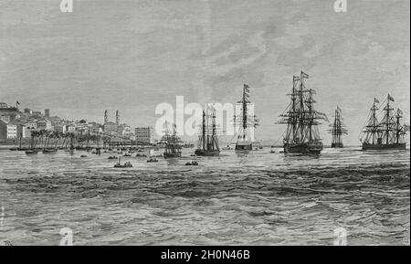 Reise der Könige von Spanien nach Galizien. Alfonso XII (1857-1885) und María Cristina de Habsburgo-Lorena (1858-1929). Ausschiffung der Monarchen i. Stockfoto