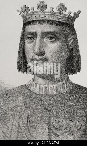 Heinrich IV. (1425-1474). König von Kastilien. Porträt, Detail. Illustration von Llanta. Lithographie. Cronica General de España. Historia Ilustrada y descript Stockfoto