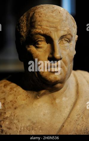 Lucius Annaeus Seneca (c. 4 V. CHR.-65 N. CHR.). Römischer stoischer Philosoph. Detail des Doppelherms von Sokrates und Seneca. Alte römische Statue von der ersten Stockfoto