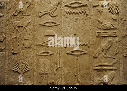 Das Alte Ägypten. Detail der Hieroglyphen-Inschriften auf der Grabkammer der Metjen oder Metjen (hoher Beamter). 4. Dynastie, c. 2575 V. CHR. Kalkstein. Stockfoto