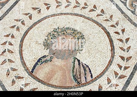 Spanien, Andalusien, Provinz Sevilla, Santiponce. Römische Stadt Italica. Gegründet 206 v. Chr. durch den römischen General Scipio. Haus des Planetariums. Mosaik Stockfoto