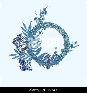 Handgezeichneter Winterkranz mit Tannenzapfen, Beeren, Zweigbeeren, Ästen, Blättern im Gravurstil. Vintage floristischer Türkranz Stock Vektor