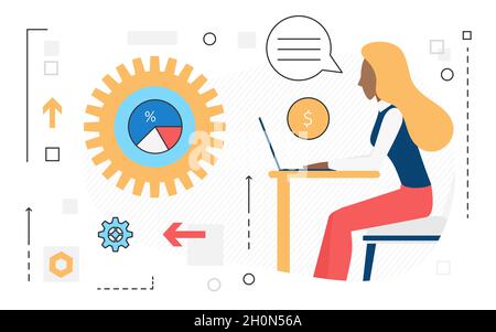 Geschäftsfrau, die mit einem Laptop arbeitet, Vektordarstellung für Finanzanalysedienste. Cartoon-Prozessforschung zu Finanzdateninformationen isoliert auf Weiß Stock Vektor