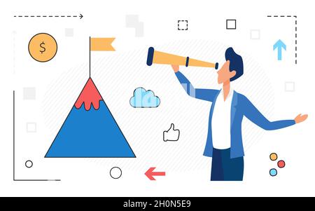 Geschäftsmann, der durch Teleskop-Spyglass nach vorne blickt, Business Success Vision Vektor Illustration. Cartoon erfolgreiche Herausforderung isoliert auf weiß Stock Vektor