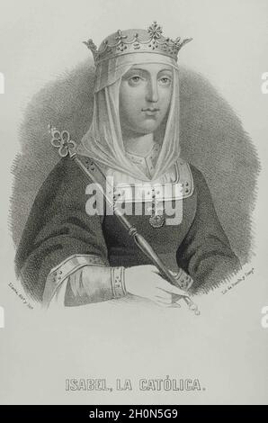 Isabella I. (1451-1504). Königin von Kastilien (1474-1504). Königin Gemahlin von Aragon für ihre Ehe mit Ferdinand II. Von Aragon. Hochformat. Abbildung durch ll Stockfoto