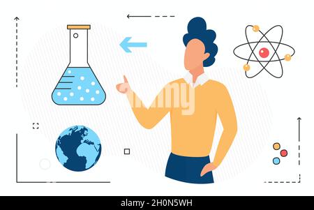 Moderne Wissenschaft Kernphysik Forschung Technologie Konzept Vektor Illustration. Cartoon-Atom, Kolben wissenschaftliche Symbole und Wissenschaftler Mann isoliert auf weiß Stock Vektor