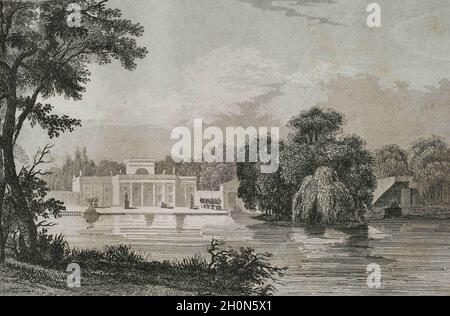 Polen, Warschau. Royal Baths Park. Blick auf den Palast auf der Insel. Gravur von Lemaitre, Vormser und Lepetit. Geschichte Polens, von Charles Foster. Pa Stockfoto