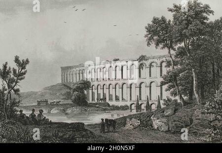 Osmanisches Reich. Türkei. Konstantinopel (heute Istanbul). Das Aquädukt von Uzunkemer in der Nähe des Belgrader Waldes. Es ist eine osmanische Aquädukt-Brücke im Norden Stockfoto