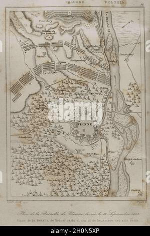 Das Heilige Römische Reich. Plan der Schlacht von Wien, 12. September 1683. Es fand am Kahlenberg, in der Nähe von Wien, statt, da die Stadt belagert war Stockfoto