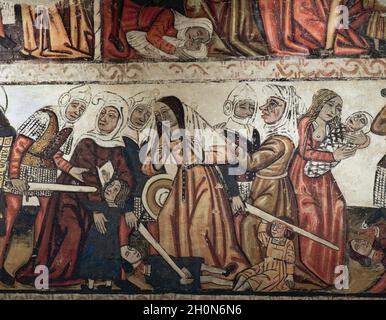 Massaker der Unschuldigen. Wandmalereien des Mittelschiffs, 14. Jahrhundert. Details. Kathedrale Von Mondoñedo. Lugo Provinz, Galicien, Spanien. Stockfoto