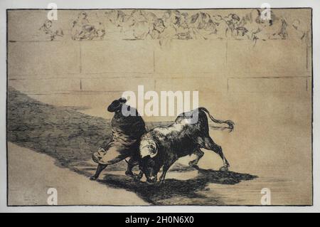 Francisco de Goya y Lucientes (1746-1828). Spanischer Maler. La Tauromaquia (Stierkampfarena). Der begabteste Schüler von Pfalzen, bedeckt, neckt den Bul Stockfoto