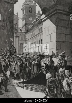 María de las Mercedes von Orleans (1860-1878). Königin Gemahlin von Spanien durch ihre Ehe mit König Alfonso XII.. Sie starb kurz nach ihrer Hochzeit an den Folgen von Typhus. Beerdigung von Königin Mercedes. Übergabe der königlichen Leiche durch den Minister für Gnade und Gerechtigkeit an den Kardinalerzbischof von Toledo und das kirchliche Kapitel im Kloster El Escorial am 28. Juni 1878. Zeichnung aus dem Leben von Alejandro Ferrant. Gravur von Rico. La Ilustración Española y Americana, 1878. Stockfoto