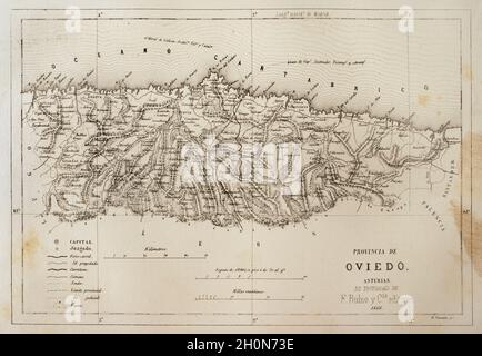 Spanien. Karte der Provinz Oviedo. Cronica General de España, Historia Ilustrada y Descriptiva de sus Provincias. Asturien und Leon, das Jahr 1867. Stockfoto