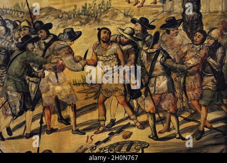 Eroberung Mexikos (1519-1521). Richtung Cholula. Bestrafung durch die Indianer-Spione von Xicotencatl: Spanische Soldaten schnitten sich die Hände. Details Stockfoto