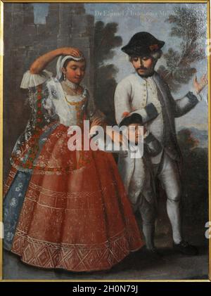 Andres de Islas (Maler, der in der zweiten Hälfte des 18. Jahrhunderts tätig war).Castas, Nr. 1. De español e india, nace Mestizo (von Spaniern und Indern, Stockfoto