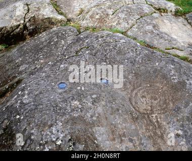 Petroglyphen von Mogor, die auf dem Felsen geschnitzt wurden. 'Labyrinth of Mogor', eine der drei Petroglyphen, die in Mogor noch sichtbar sind. Metallalter. c. 3.000-2000 B Stockfoto