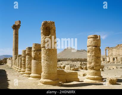 Syrien. Palmyra. Bleibt. Oase von Tadmor. (Foto vor dem syrischen Bürgerkrieg. Diese Ruinen wurden 2015 vom IS abgerissen). Stockfoto