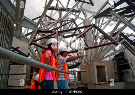 BIOMUSEO-BAU (Edificio Puente de Vida).die Brücke 'Puente de Vida', die von einem der führenden Architekturbüros der Welt - Frank O. Gehry & Associates - entworfen wird, wird eine neue Ikone für Panama sein. Darüber hinaus wird es ein atemberaubendes Gebäude sein, das sich sehr von allen anderen Gebäuden unterscheidet, die Besucher gesehen haben..Fotografie von Aaron Sosa.Panama City, Panama 2011.(Copyright © Aaron Sosa) Stockfoto