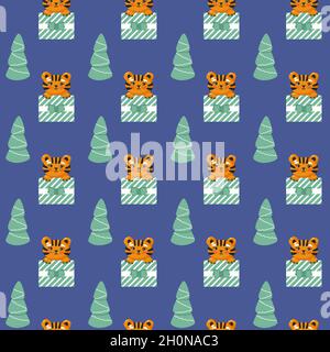 Tiger in Geschenkbox Nahtloses Muster. Cooler, wiederholbarer Aufdruck für Babys. Weihnachtsvektorillustration auf blauem Hintergrund Stock Vektor