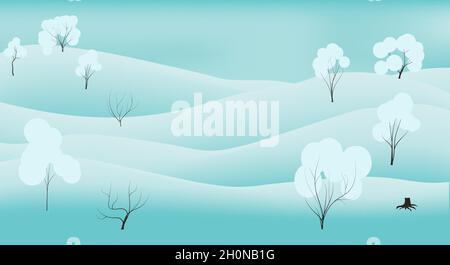 Weihnachtliche Landschaft mit schneebedeckten Hügeln und schneebedeckten Bäumen im Doodle-Stil Stock Vektor