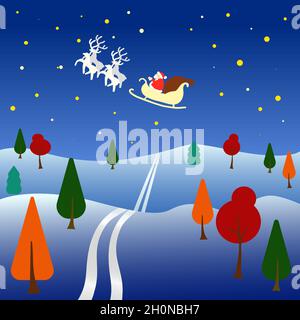Flacher Stil Winter Wald Landschaft Nacht in den Himmel fliegenden weihnachtsmann auf Rentier-Karte leeren Winter Cartoon Stock Vektor