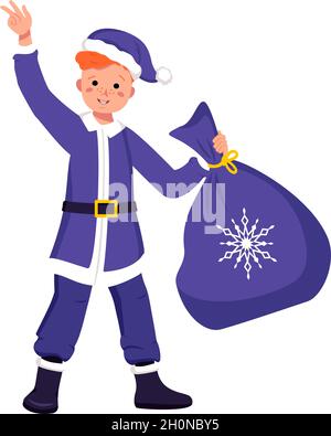 Niedlicher Junge mit glücklichem Gesicht und Augen im festlichen Weihnachtsmann oder Vater Frost Kostüm mit Geschenktüte für Weihnachten, Neujahr oder Winterurlaub Stock Vektor