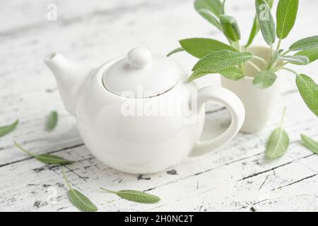 Teekocher mit gesundem Kräutertee Salbei, frischen grünen Blättern von Salvia officinalis Heilkraut auf weißem Holztisch. Stockfoto