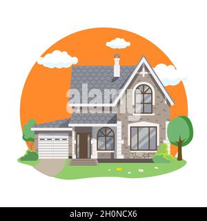 Cartoon Haus außen mit blauen bewölkten Himmel Front Home Architektur Konzept flache Design Stil. Vector Illustration der Fassade Gebäude Stock Vektor