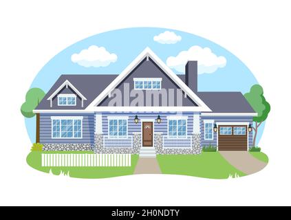 Cartoon Haus außen mit blauen bewölkten Himmel Front Home Architektur Konzept flache Design Stil. Vector Illustration der Fassade Gebäude Stock Vektor