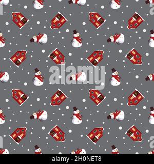 Nahtloses Muster mit roten festlichen Weihnachtshäusern und Schneemann auf grauem Hintergrund. Heller Druck für das neue Jahr und die Winterferien zum Einpacken von Papier, Textilien und Design. Stock Vektor