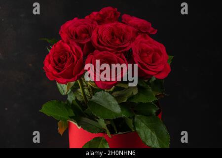 Strauß roter Rosen in rotem Topf auf dunklem Hintergrund. Grußkarte zum Valentinstag, Frauentag. Urlaubskonzept. Stockfoto