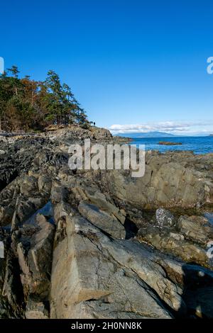 Rocky Shoreline Moorecroft Regional Park, Blick nach Norden, an einem sonnigen Nachmittag, Strait of Georgia, Vancouver Island , British Columbia, Kanada Stockfoto