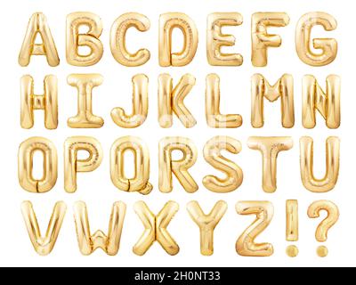 Alphabet Balloons Schriftart aus goldenen aufblasbaren Ballons isoliert auf weißem Hintergrund Stockfoto