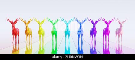 Regenbogenfarbene Rentiere in Reihe auf weißem Hintergrund 3d-Rendering-3d-Illustration Stockfoto