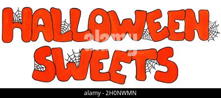 Orangefarbener Text mit Spinnennetz-Süßigkeiten für Halloween. Skizzendarstellung in Aquarellfarben. Isoliert auf weißem Hintergrund. Stockfoto