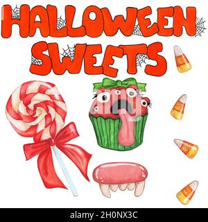 Set von Illustrationen für Halloween. Orange Text Halloween Süßigkeiten mit Spinnweben, Lollipop mit roter Schleife, grüner Cupcake mit Augen, Karamellen und Bonbons-Teet Stockfoto