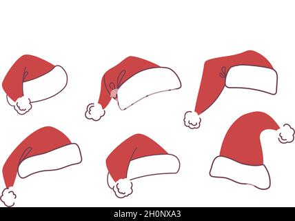 Set von Weihnachtsmützen für den Weihnachtsmann. Vektorgrafik in flacher Form auf weißem Hintergrund Stock Vektor