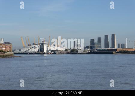 Greenwich O2 Arena und Skyline von Morden Wharf, London, Großbritannien Stockfoto