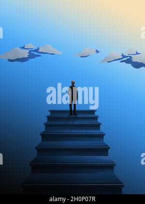 Erfolgreicher Geschäftsmann an der Spitze der Treppe. Wolken am Himmel. 3D-Rendering Stockfoto