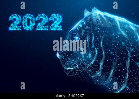 Neujahr des Tigers 2022. Drahtmodell polygonaler Kopftiger. Futuristischer, moderner abstrakter Hintergrund. Vektorgrafik. Stock Vektor