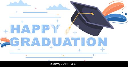 Happy Graduation Day of Students Celebrating Background Vector Illustration Tragen akademisches Kleid, Graduate Cap und Holding Diplom in Flat Style Stock Vektor